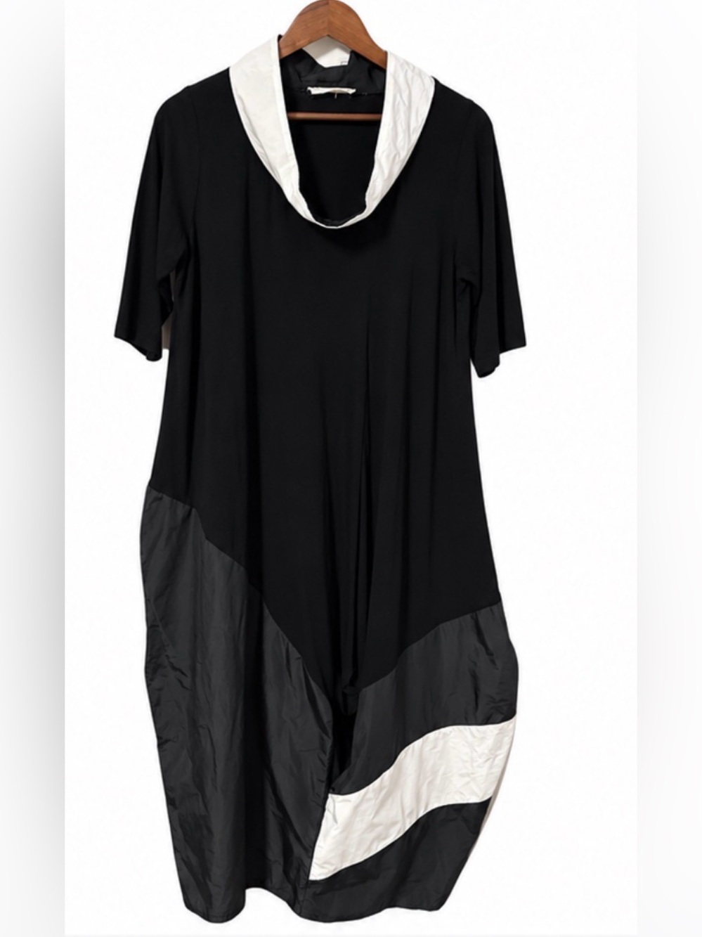 Luukaa Black and White Colorblock Midi Dress with Cowl Neck